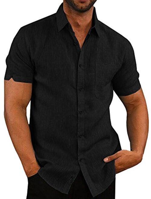 Pengfei Mens Short Sleeve Shirts Linen Cotton Button Down Tees Spread Collar Plain Shirts