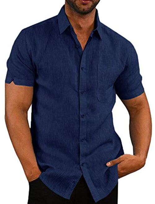 Pengfei Mens Short Sleeve Shirts Linen Cotton Button Down Tees Spread Collar Plain Shirts