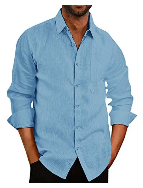 Pengfei Mens Short Sleeve Shirts Linen Cotton Button Down Tees Spread Collar Plain Shirts