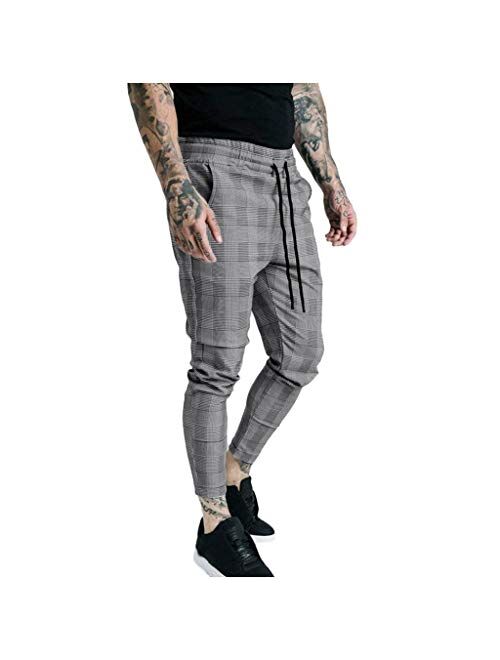 Men Dress Pants,Casual Plaid Stretch Flat-Front Skinny Business Pencil Long Pants Trousers Pocket