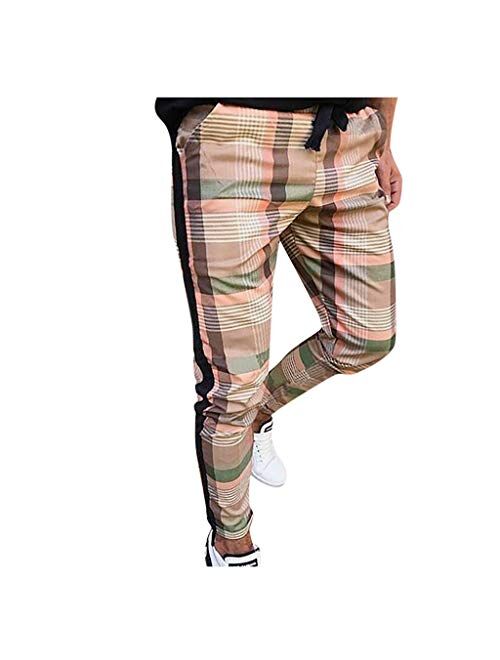 Men Dress Pants,Casual Plaid Stretch Flat-Front Skinny Business Pencil Long Pants Trousers Pocket