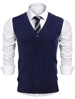 Mens V-Neck Slim Fit Sweater Vests Knitted Lightweight Button-Down Vest Cardigan