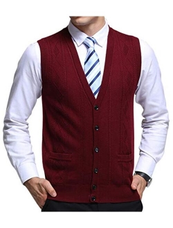 Men's V-Neck Jacquard Lightweight Wool Knitwear Vest Sweater Waistcoat Pocket