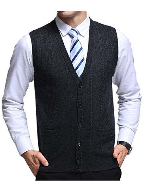 chouyatou Men's V-Neck Jacquard Lightweight Wool Knitwear Vest Sweater Waistcoat Pocket