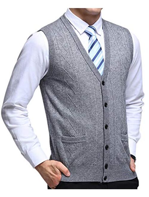 chouyatou Men's V-Neck Jacquard Lightweight Wool Knitwear Vest Sweater Waistcoat Pocket