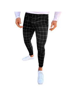 Men Casual Plaid Pants Stretch Flat-Front Skinny Dress Elastic Waist Long Pencil Pants Trousers