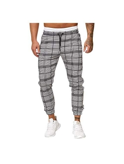 Men Casual Plaid Pants Stretch Flat-Front Skinny Dress Elastic Waist Long Pencil Pants Trousers