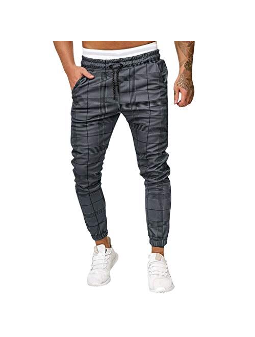 Men Casual Plaid Pants Stretch Flat-Front Skinny Dress Elastic Waist Long Pencil Pants Trousers