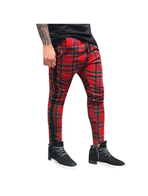 Men Casual Plaid Pants Stretch Flat-Front Skinny Dress Elastic Waist Long Pencil Pants Trousers