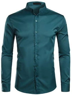 Hipster Solid Slim Fit Long Sleeve No Collar Dress Shirts