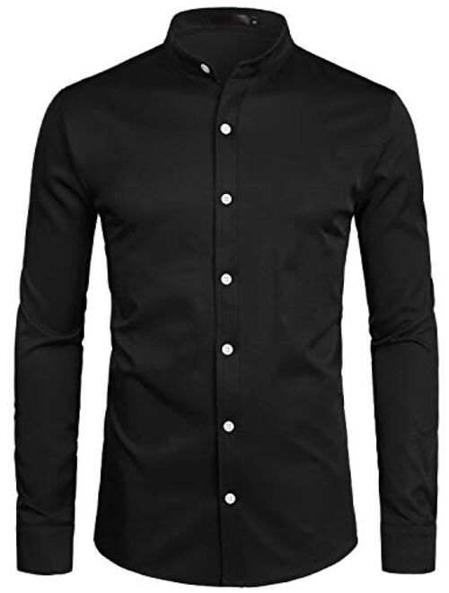 ZEROYAA Hipster Solid Slim Fit Long Sleeve No Collar Dress Shirts