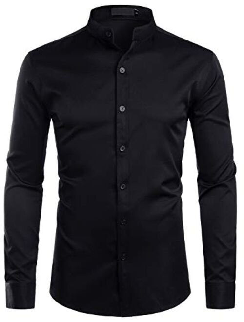 ZEROYAA Hipster Solid Slim Fit Long Sleeve No Collar Dress Shirts