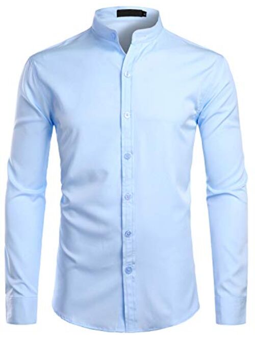 ZEROYAA Hipster Solid Slim Fit Long Sleeve No Collar Dress Shirts