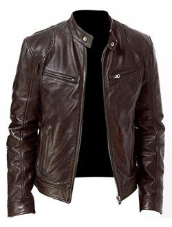 Mens Vintage Cafe Racer Retro Biker Casual Motorcycle Leather Jacket Black/Brown