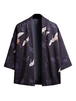 PRIJOUHE Men's Kimono Cardigan Jacket Japanese Style Flying Crane Seven Sleeves Open Front Coat