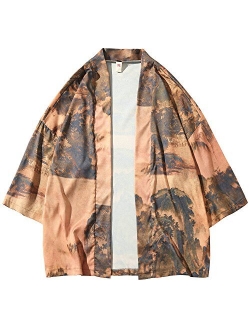 PRIJOUHE Men's Kimono Cardigan Jacket Japanese Style Flying Crane Seven Sleeves Open Front Coat