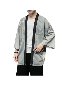 PRIJOUHE Men's Kimono Cardigan Jacket Japanese Style Flying Crane Seven Sleeves Open Front Coat