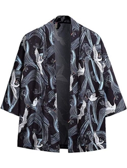 PRIJOUHE Men's Kimono Cardigan Jacket Japanese Style Flying Crane Seven Sleeves Open Front Coat