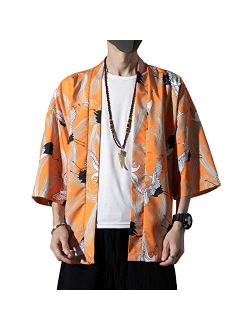 PRIJOUHE Men's Kimono Cardigan Jacket Japanese Style Flying Crane Seven Sleeves Open Front Coat