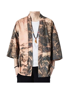 PRIJOUHE Men's Kimono Cardigan Jacket Japanese Style Flying Crane Seven Sleeves Open Front Coat