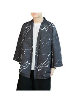 PRIJOUHE Men's Kimono Cardigan Jacket Japanese Style Flying Crane Seven Sleeves Open Front Coat