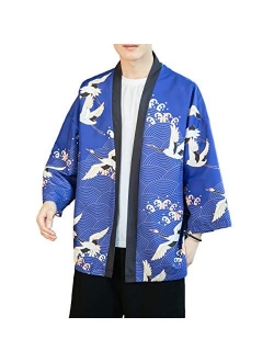 PRIJOUHE Men's Kimono Cardigan Jacket Japanese Style Flying Crane Seven Sleeves Open Front Coat