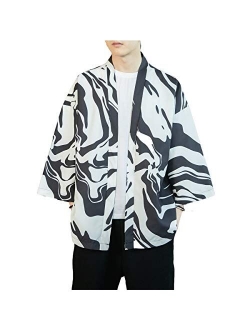 PRIJOUHE Men's Kimono Cardigan Jacket Japanese Style Flying Crane Seven Sleeves Open Front Coat