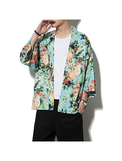 PRIJOUHE Men's Kimono Cardigan Jacket Japanese Style Flying Crane Seven Sleeves Open Front Coat