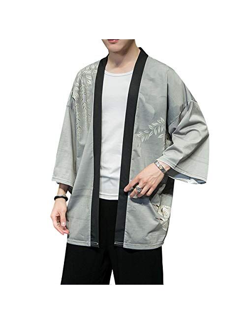 Buy PRIJOUHE Men's Kimono Cardigan Jacket Japanese Style Flying Crane Seven  Sleeves Open Front Coat online