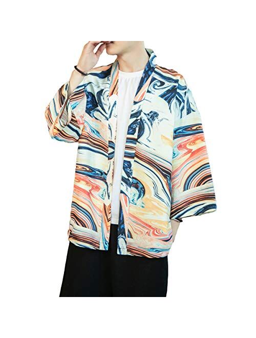 PRIJOUHE Men's Kimono Cardigan Jacket Japanese Style Flying Crane Seven Sleeves Open Front Coat