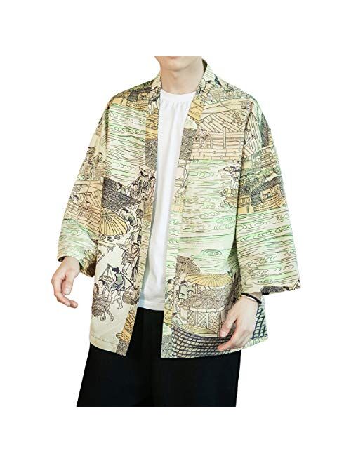 PRIJOUHE Men's Kimono Cardigan Jacket Japanese Style Flying Crane Seven Sleeves Open Front Coat