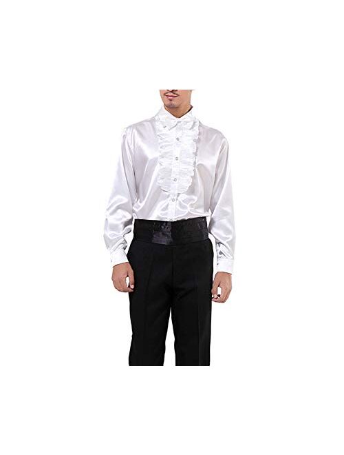 Men Shirts Victorian Tuxedo Satin Long Sleeve Ruffle Stand-up Collar Blouses