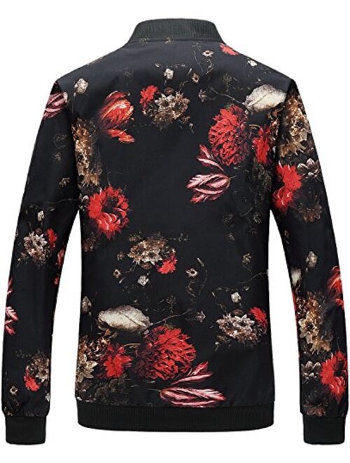 HENGAO Men's Stylish Flowers Print Zipper Front Bomber Jacket