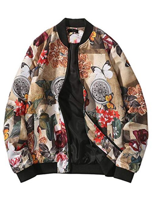 HENGAO Men's Stylish Flowers Print Zipper Front Bomber Jacket