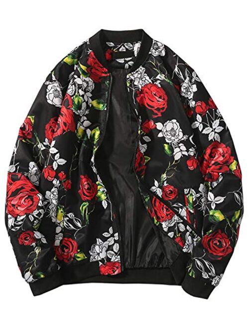 HENGAO Men's Stylish Flowers Print Zipper Front Bomber Jacket