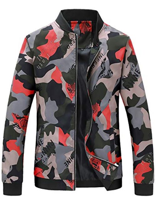 HENGAO Men's Stylish Flowers Print Zipper Front Bomber Jacket