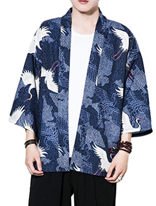 Lavnis Men's Kimono Cardigan Casual Cotton Linen Seven Sleeves Open Front Coat