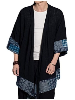 Lavnis Men's Kimono Cardigan Casual Cotton Linen Seven Sleeve Lightweight Open Front Cape Coat