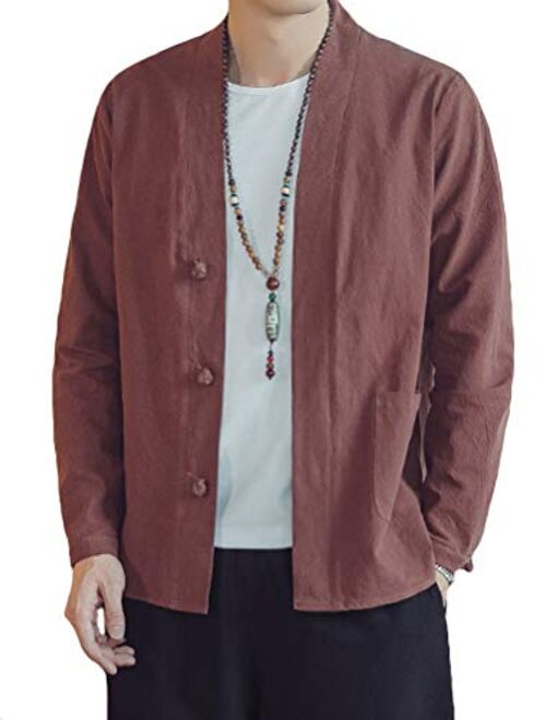 Lavnis Men's Kimono Cardigan Casual Cotton Linen Long Sleeves Open Front Coat