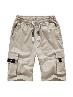 Kolongvangie Cargo Shorts Elastic Waist Drawstring Cotton Casual Outdoor Lightweight Shorts with Multi Pockets