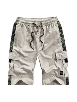 Kolongvangie Cargo Shorts Elastic Waist Drawstring Cotton Casual Outdoor Lightweight Shorts with Multi Pockets