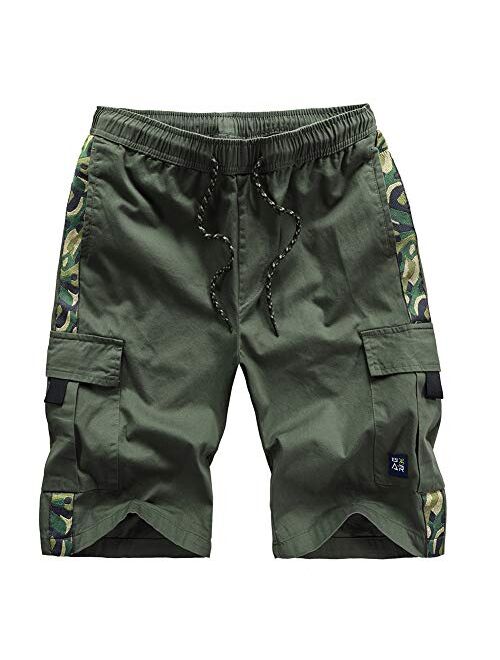 Kolongvangie Cargo Shorts Elastic Waist Drawstring Cotton Casual Outdoor Lightweight Shorts with Multi Pockets