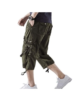 DONGD Mens Cargo Shorts Cotton 3/4 Loose Fit Below Knee Capri Cargo Short