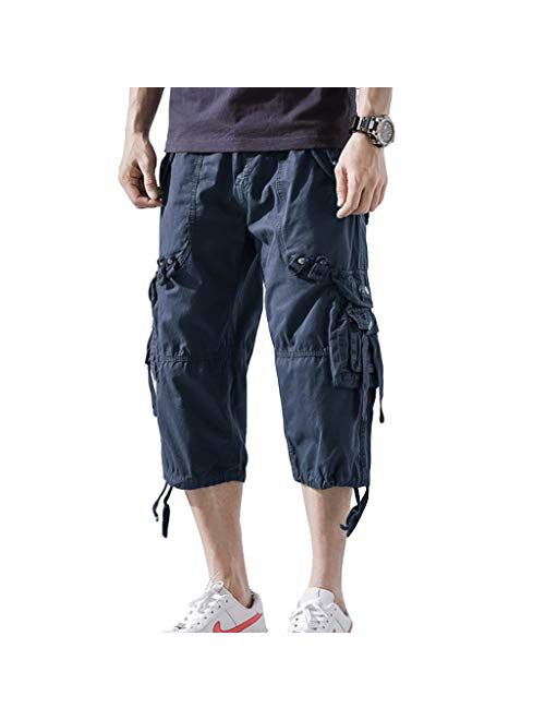 DONGD Mens Cargo Shorts Cotton 3/4 Loose Fit Below Knee Capri Cargo Short