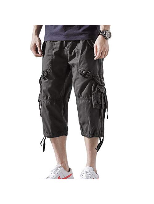 DONGD Mens Cargo Shorts Cotton 3/4 Loose Fit Below Knee Capri Cargo Short