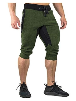 FASKUNOIE Men's Cotton Casual Shorts 3/4 Jogger Capri Pants Breathable Below Knee Home Lounge Short Pants with Three Pockets