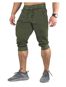 FASKUNOIE Men's Cotton Casual Shorts 3/4 Jogger Capri Pants Breathable Below Knee Home Lounge Short Pants with Three Pockets