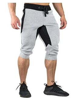 FASKUNOIE Men's Cotton Casual Shorts 3/4 Jogger Capri Pants Breathable Below Knee Home Lounge Short Pants with Three Pockets