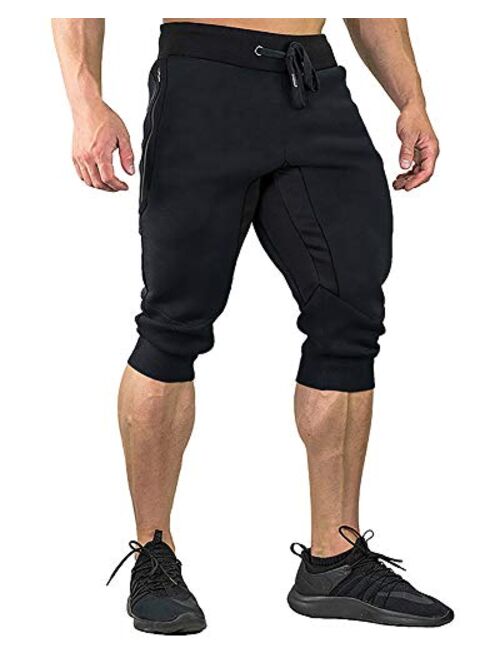 FASKUNOIE Men's Cotton Casual Shorts 3/4 Jogger Capri Pants Breathable Below Knee Home Lounge Short Pants with Three Pockets