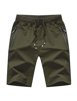 STICKON Mens 7" Inseam Workout Shorts Elastic Waist Drawstring Summer Casual Short Pants Zipper Pockets